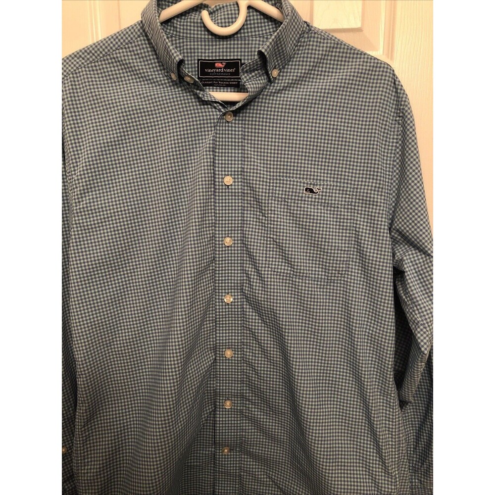 Vineyard Vines Tucker Shirt Plaid Long Sleeve Classic Fit Cotton Blue-Grn Medium
